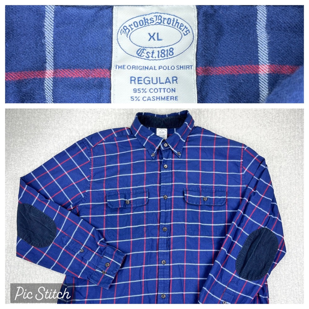 Brooks Brothers Windowpane Work Shirt Men XL Blue Cashmere Blend Elbow Patch